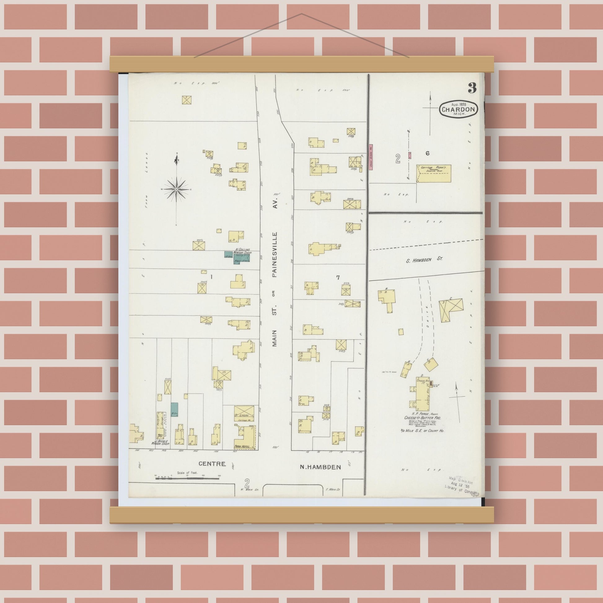 Old map wall art mockup — magnetic wood frame on brick wall — Sanborn Fire Insurance Map from Chardon, Geauga County, Ohio (1893), Sheet #0003