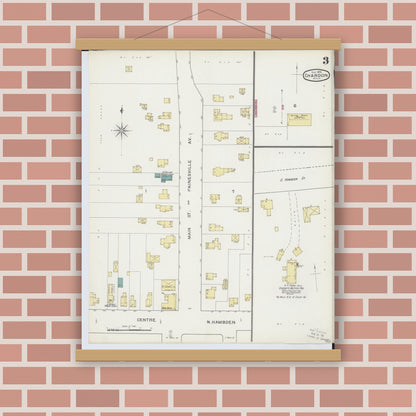 Old map wall art mockup — magnetic wood frame on brick wall — Sanborn Fire Insurance Map from Chardon, Geauga County, Ohio (1893), Sheet #0003