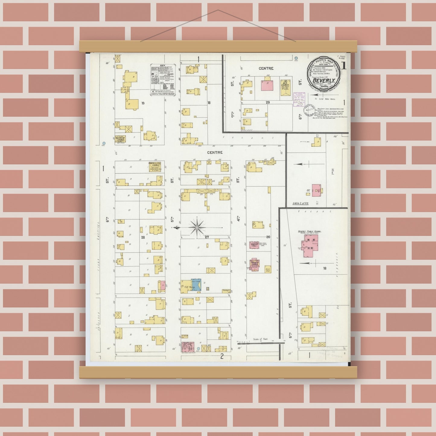 Old map wall art mockup — magnetic wood frame on brick wall — Sanborn Fire Insurance Map from Beverly, Washington County, Ohio (1901) - Complete Map Set