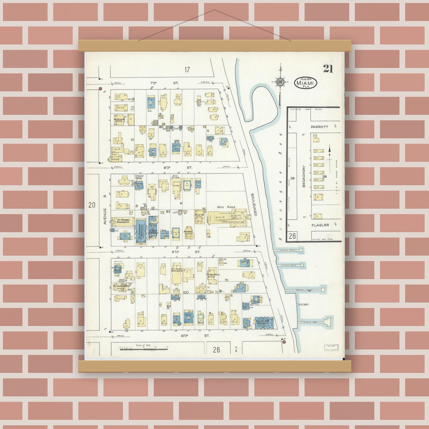 Old map wall art mockup — magnetic wood frame on brick wall — Sanborn Fire Insurance Map from Miami, Dade County, Florida (1914), Sheet #0021