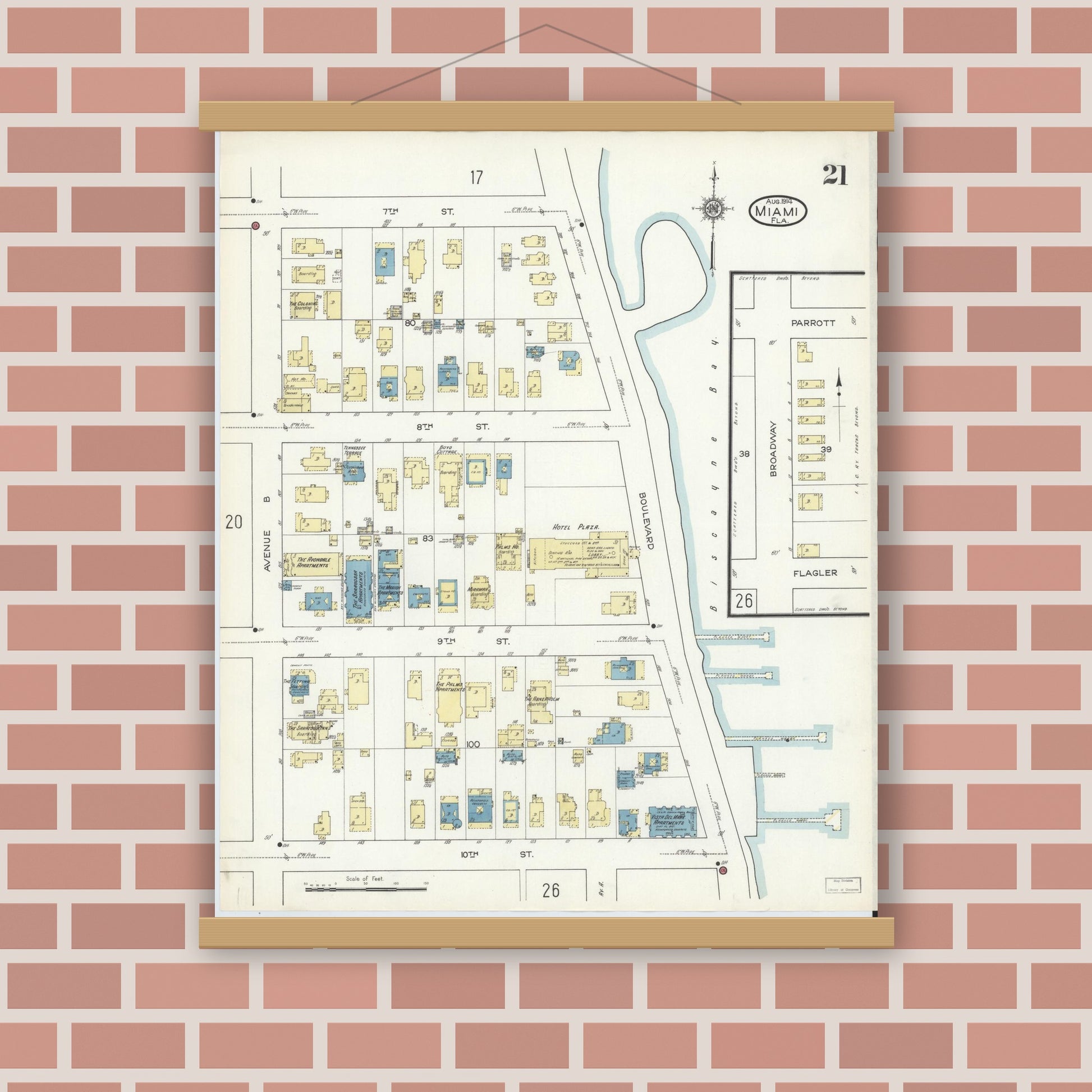 Old map wall art mockup — magnetic wood frame on brick wall — Sanborn Fire Insurance Map from Miami, Dade County, Florida (1914), Sheet #0021