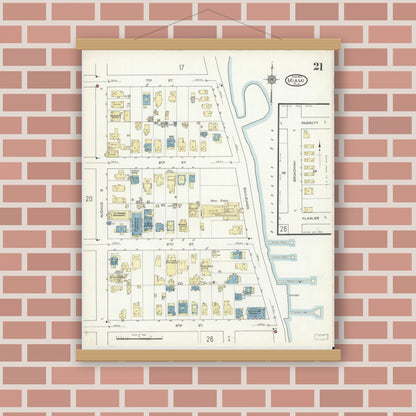 Old map wall art mockup — magnetic wood frame on brick wall — Sanborn Fire Insurance Map from Miami, Dade County, Florida (1914), Sheet #0021