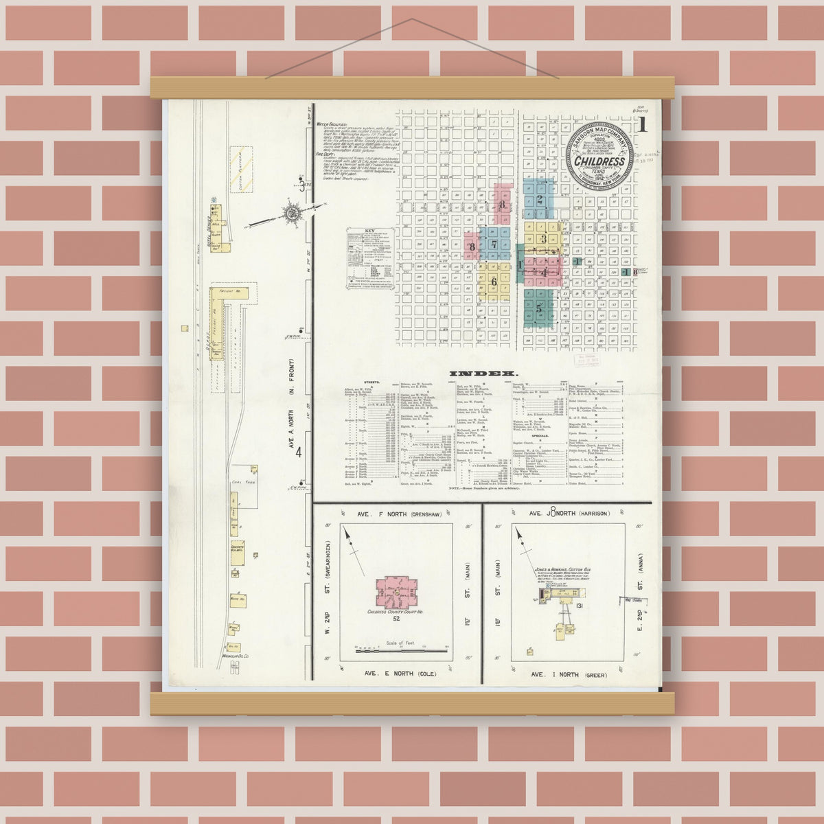 Old map wall art mockup — magnetic wood frame on brick wall — Sanborn Fire Insurance Map from Childress, Childress County, Texas (1912), Sheet #0001