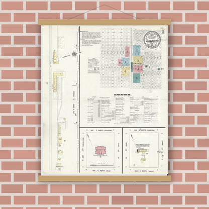 Old map wall art mockup — magnetic wood frame on brick wall — Sanborn Fire Insurance Map from Childress, Childress County, Texas (1912), Sheet #0001