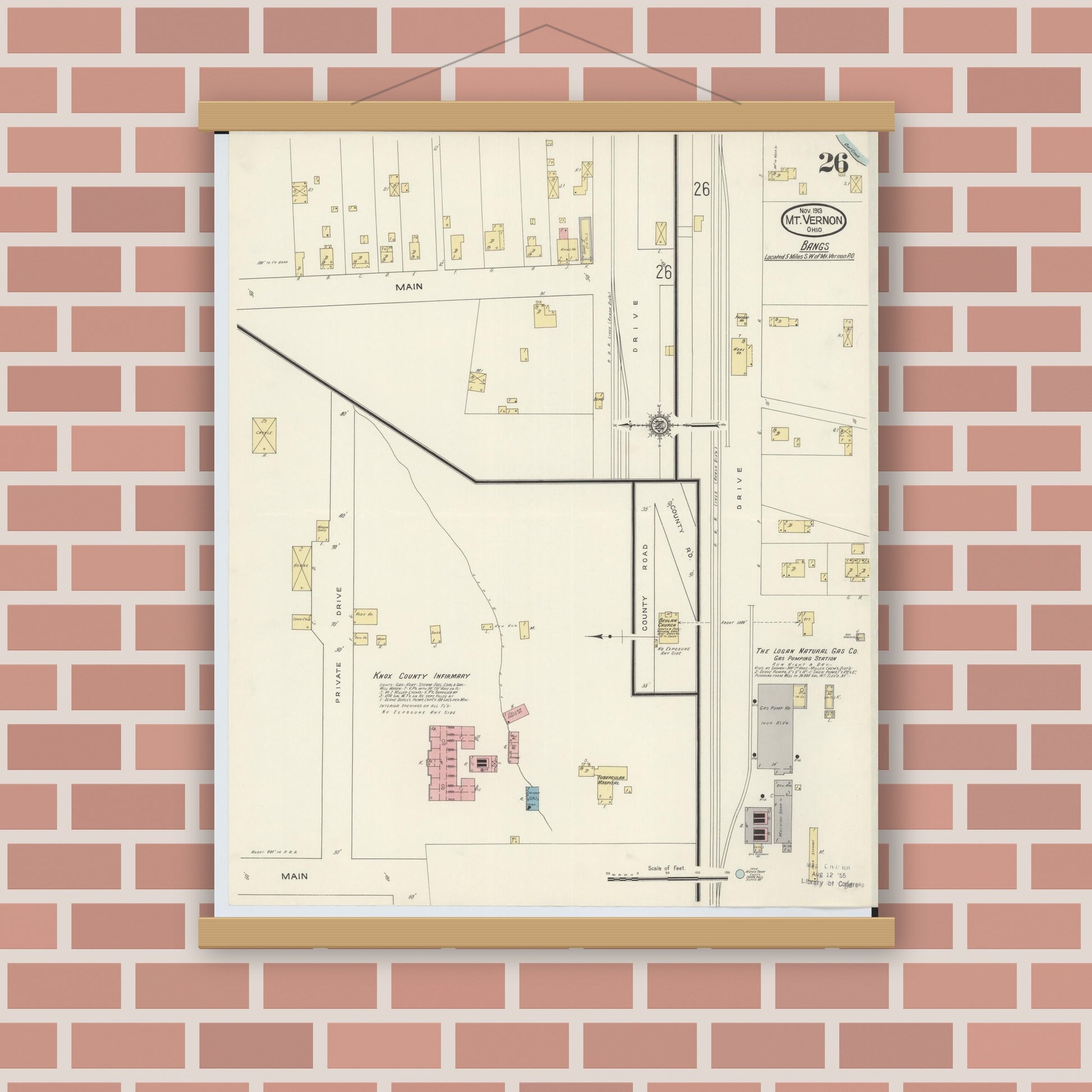 Old map wall art mockup — magnetic wood frame on brick wall — Sanborn Fire Insurance Map from Mount Vernon, Knox County, Ohio (1913), Sheet #0026