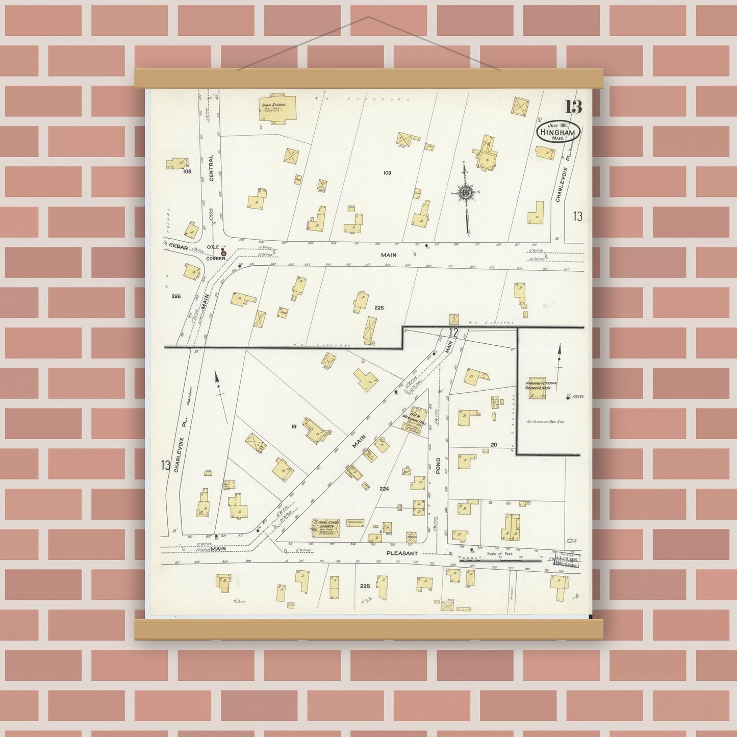 Old map wall art mockup — magnetic wood frame on brick wall — Sanborn Fire Insurance Map from Hingham, Plymouth County, Massachusetts (1911), Sheet #0013