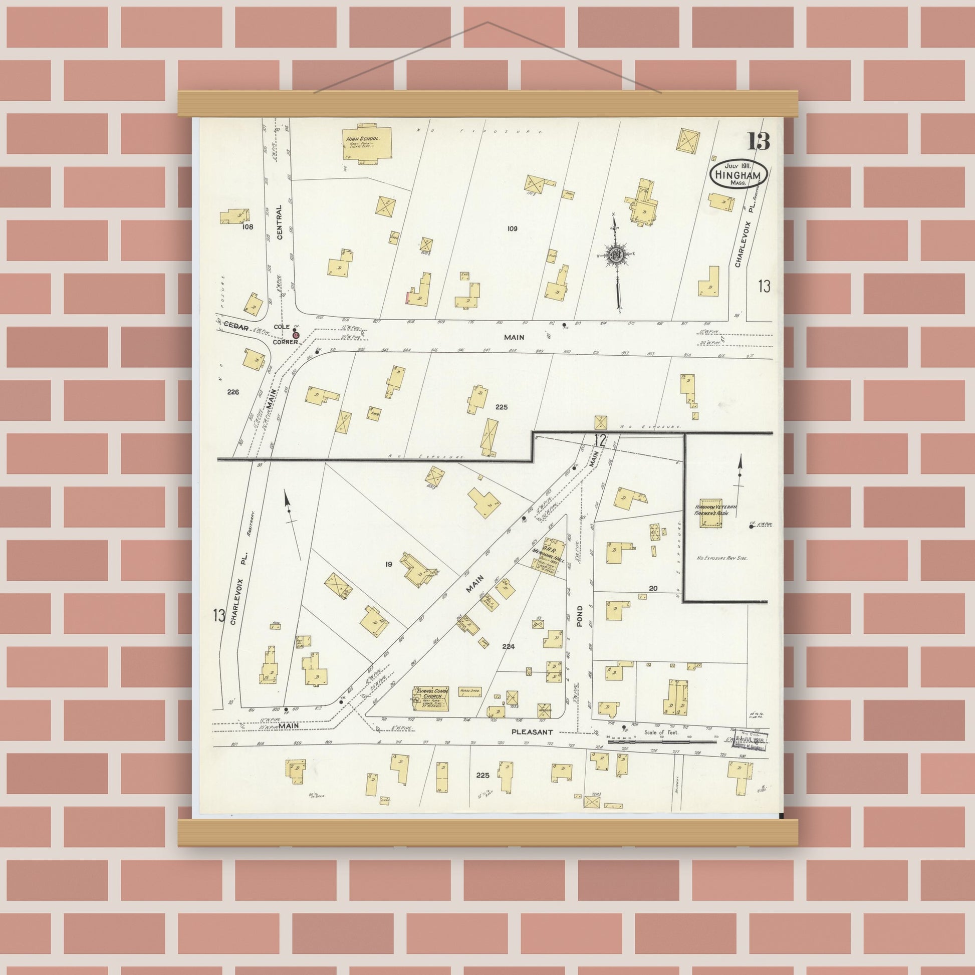 Old map wall art mockup — magnetic wood frame on brick wall — Sanborn Fire Insurance Map from Hingham, Plymouth County, Massachusetts (1911), Sheet #0013