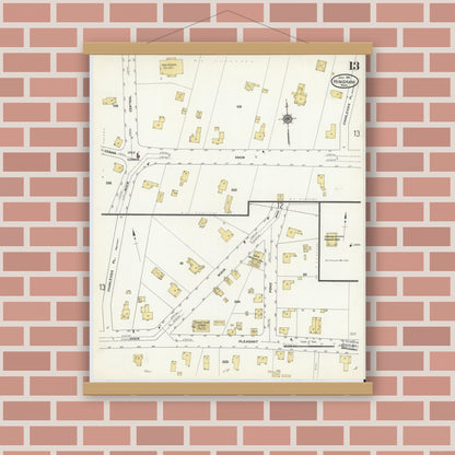 Old map wall art mockup — magnetic wood frame on brick wall — Sanborn Fire Insurance Map from Hingham, Plymouth County, Massachusetts (1911), Sheet #0013