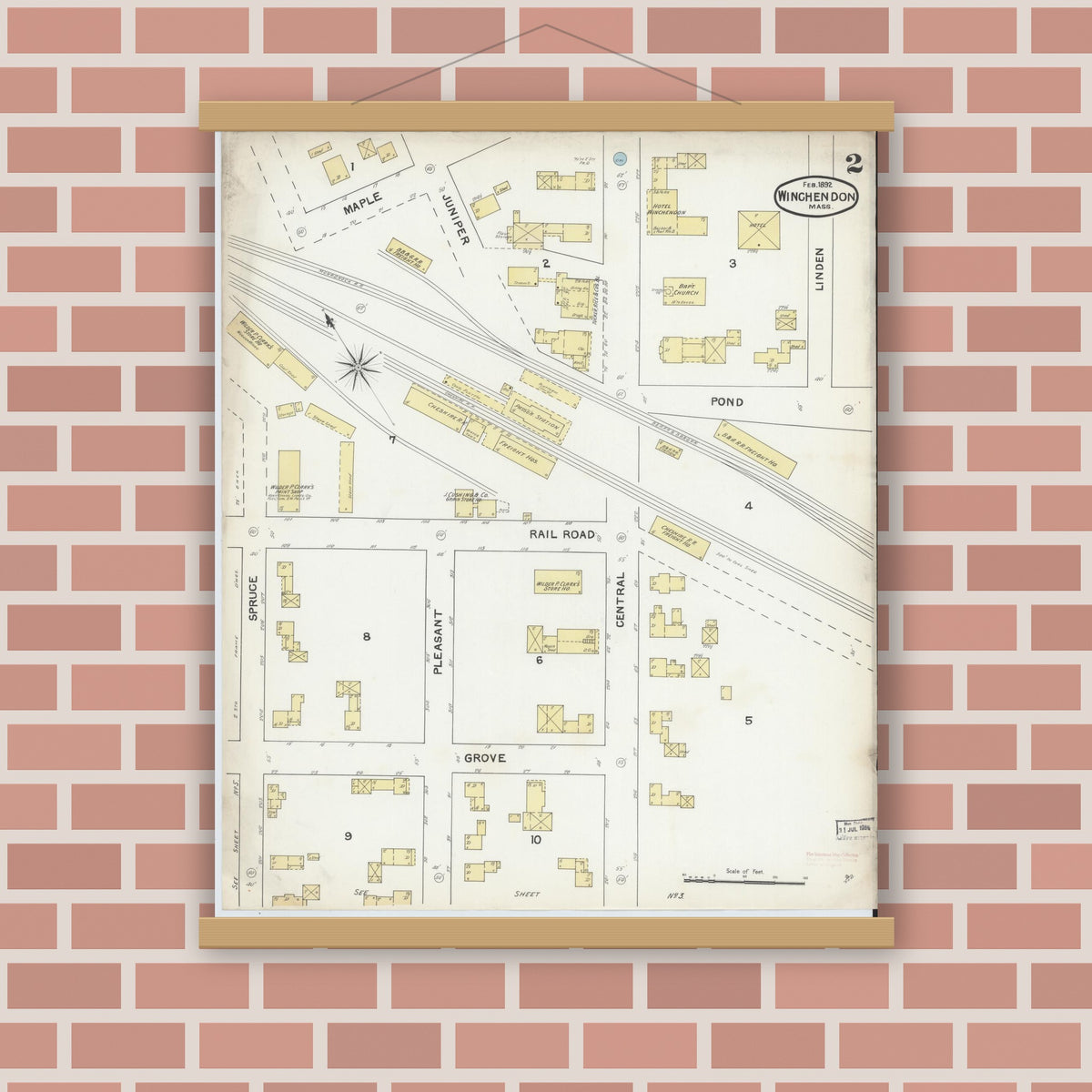 Old map wall art mockup — magnetic wood frame on brick wall — Sanborn Fire Insurance Map from Winchendon, Worcester County, Massachusetts (1892), Sheet #0002