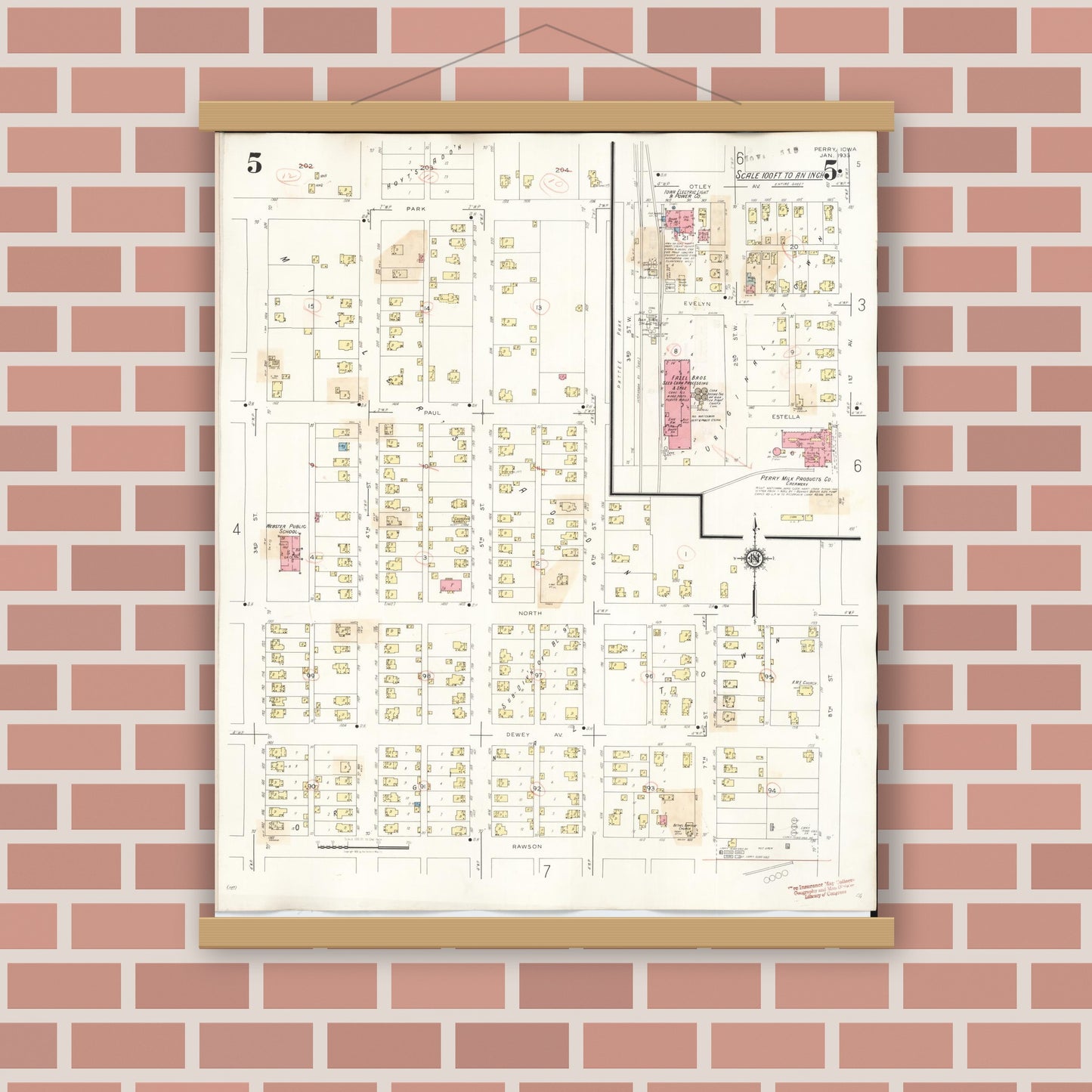 Old map wall art mockup — magnetic wood frame on brick wall — Sanborn Fire Insurance Map from Perry, Dallas County, Iowa (1947), Sheet #0005