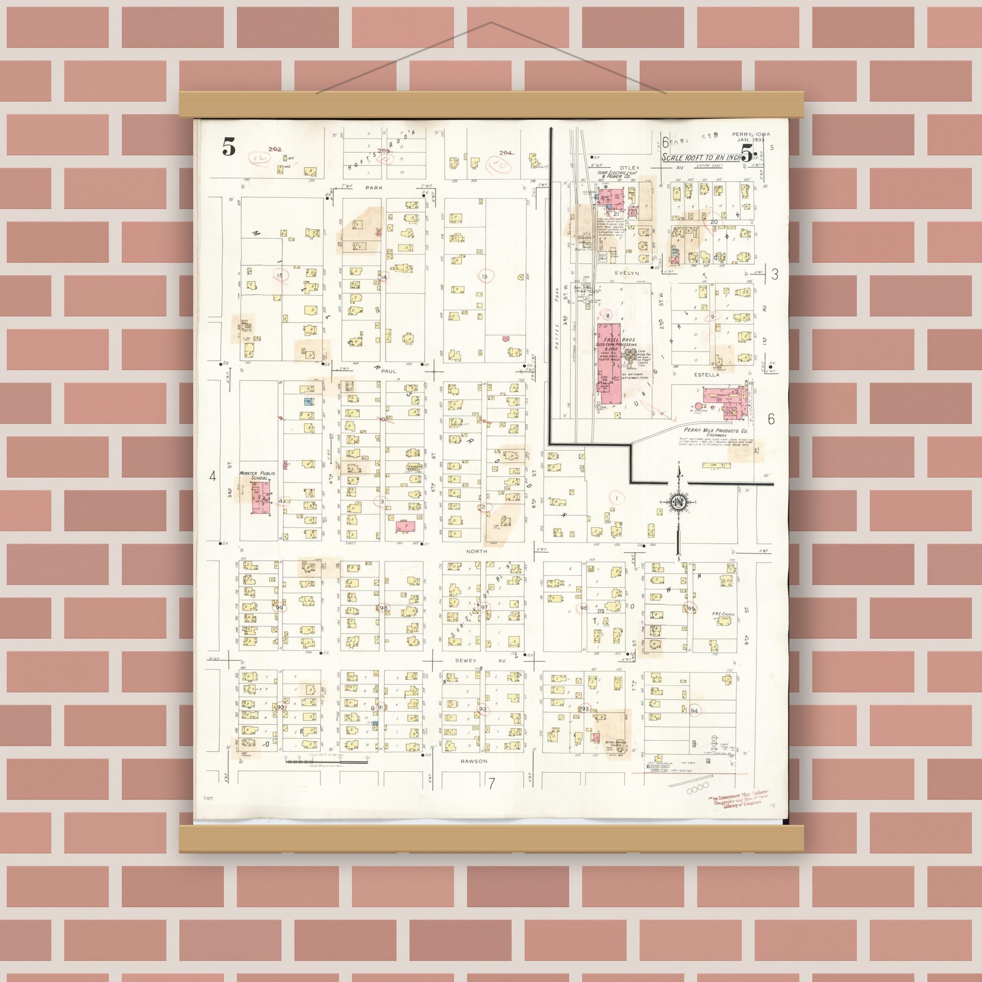 Old map wall art mockup — magnetic wood frame on brick wall — Sanborn Fire Insurance Map from Perry, Dallas County, Iowa (1947), Sheet #0005