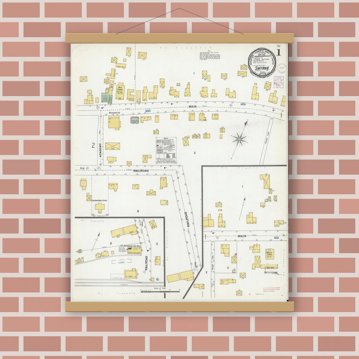 Old map wall art mockup — magnetic wood frame on brick wall — Sanborn Fire Insurance Map from Smyrna, Chenango County, New York (1901), Sheet #0001