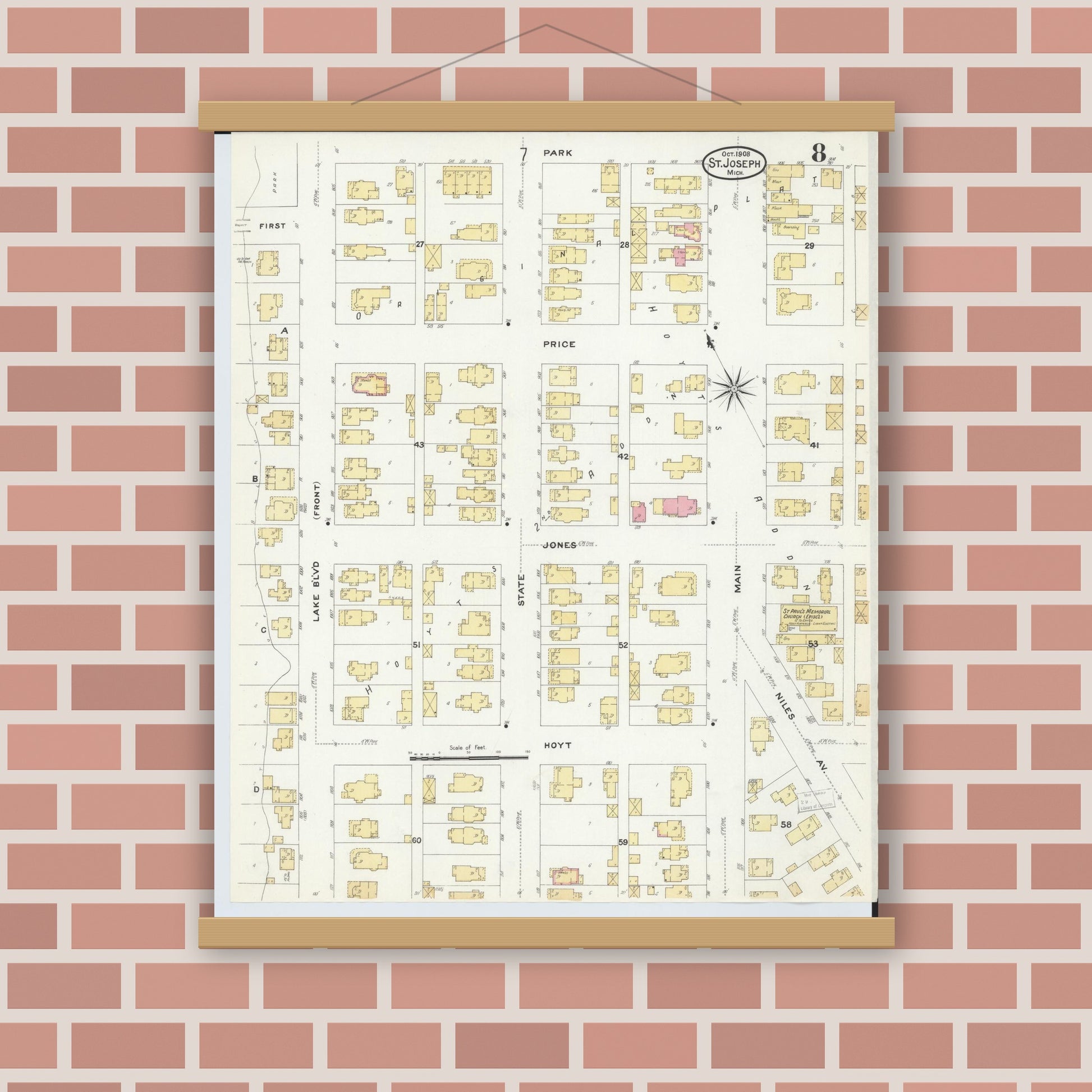 Old map wall art mockup — magnetic wood frame on brick wall — Sanborn Fire Insurance Map from Saint Joseph, Berrien County, Michigan (1908), Sheet #0008