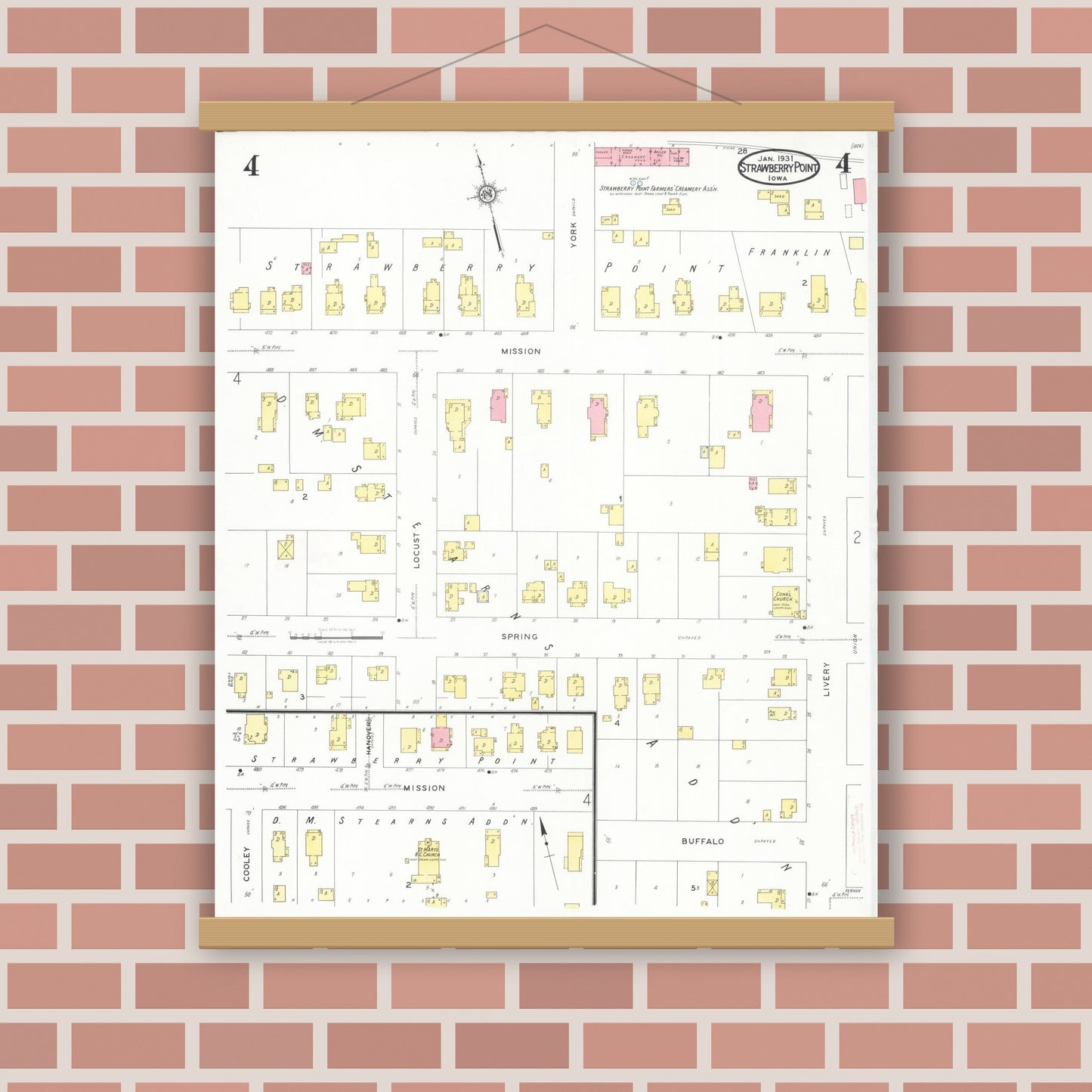Old map wall art mockup — magnetic wood frame on brick wall — Sanborn Fire Insurance Map from Strawberry Point, Clayton County, Iowa (1931), Sheet #0004