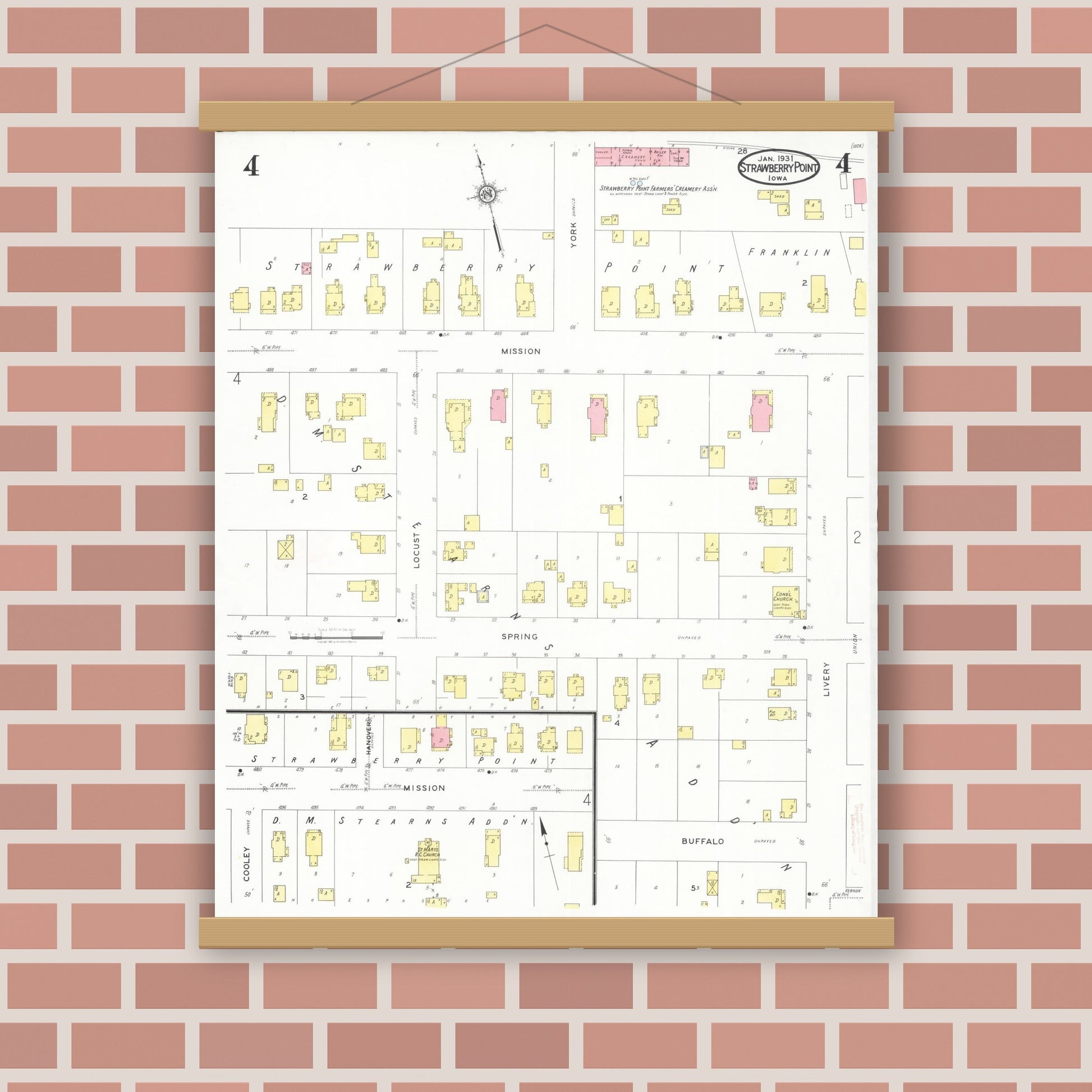 Old map wall art mockup — magnetic wood frame on brick wall — Sanborn Fire Insurance Map from Strawberry Point, Clayton County, Iowa (1931), Sheet #0004
