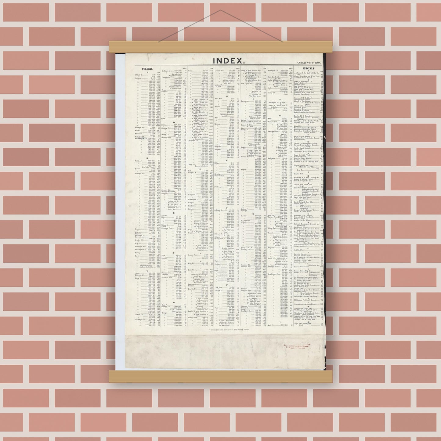 Old map wall art mockup — magnetic wood frame on brick wall — Sanborn Fire Insurance Map from Chicago, Cook County, Illinois (1894), Sheet #0001