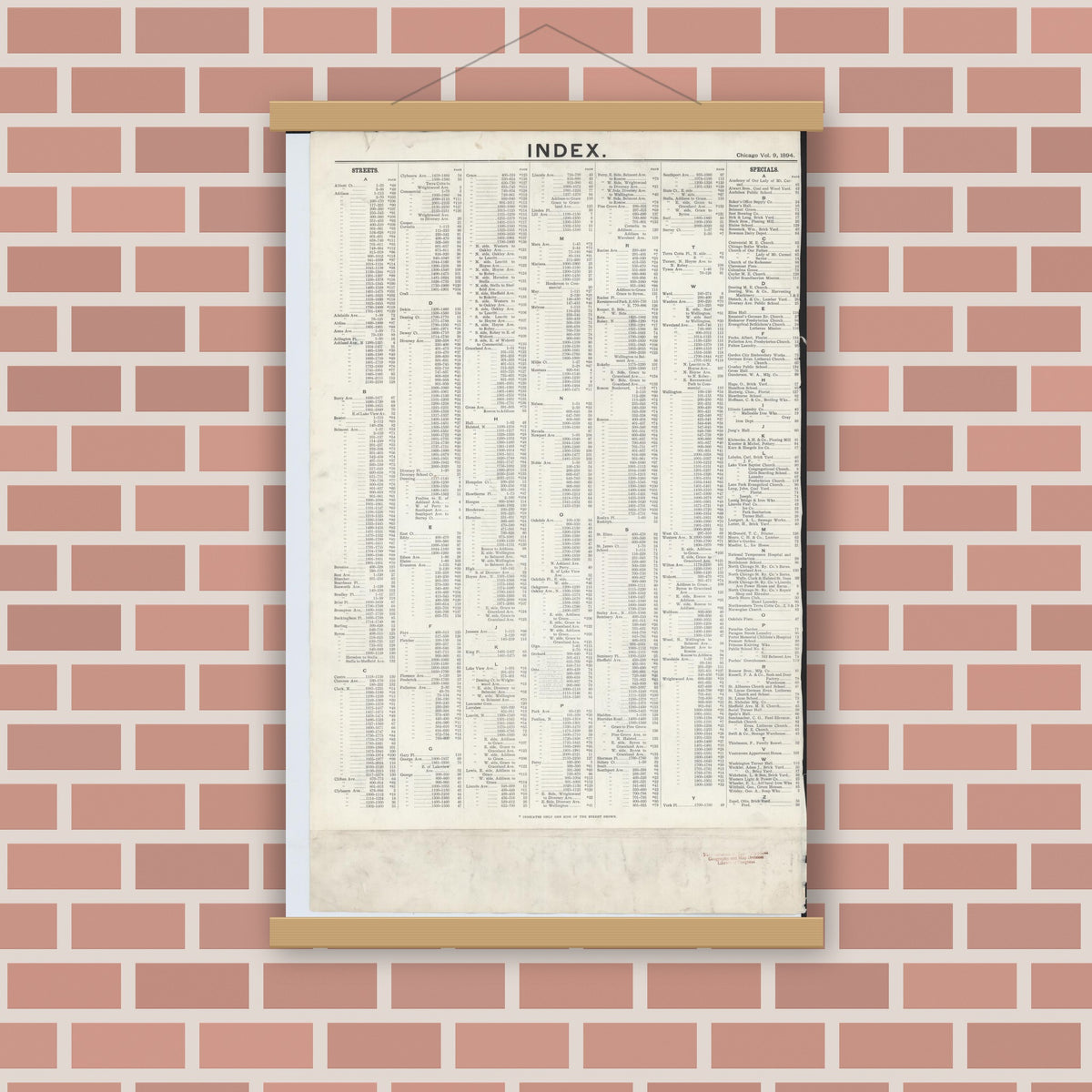 Old map wall art mockup — magnetic wood frame on brick wall — Sanborn Fire Insurance Map from Chicago, Cook County, Illinois (1894), Sheet #0001