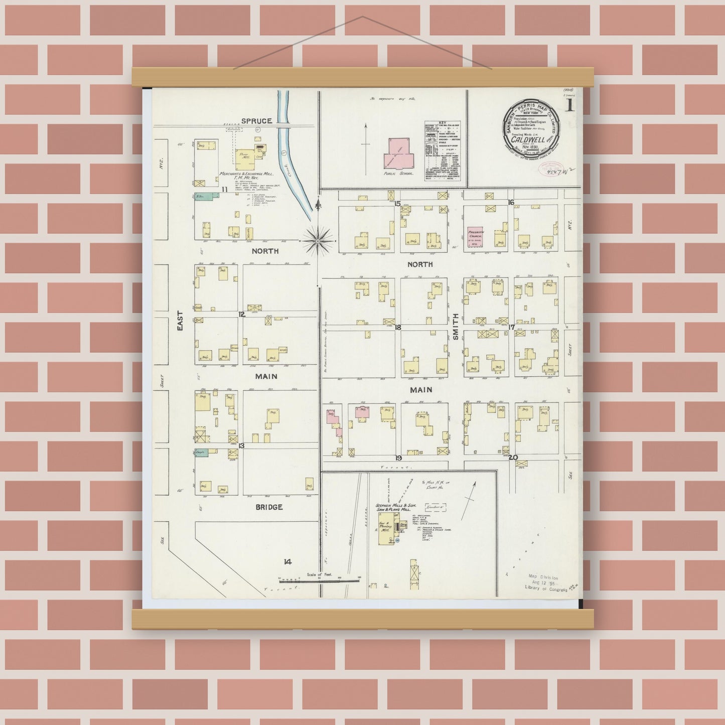 Old map wall art mockup — magnetic wood frame on brick wall — Sanborn Fire Insurance Map from Caldwell, Noble County, Ohio (1890) - Complete Map Set