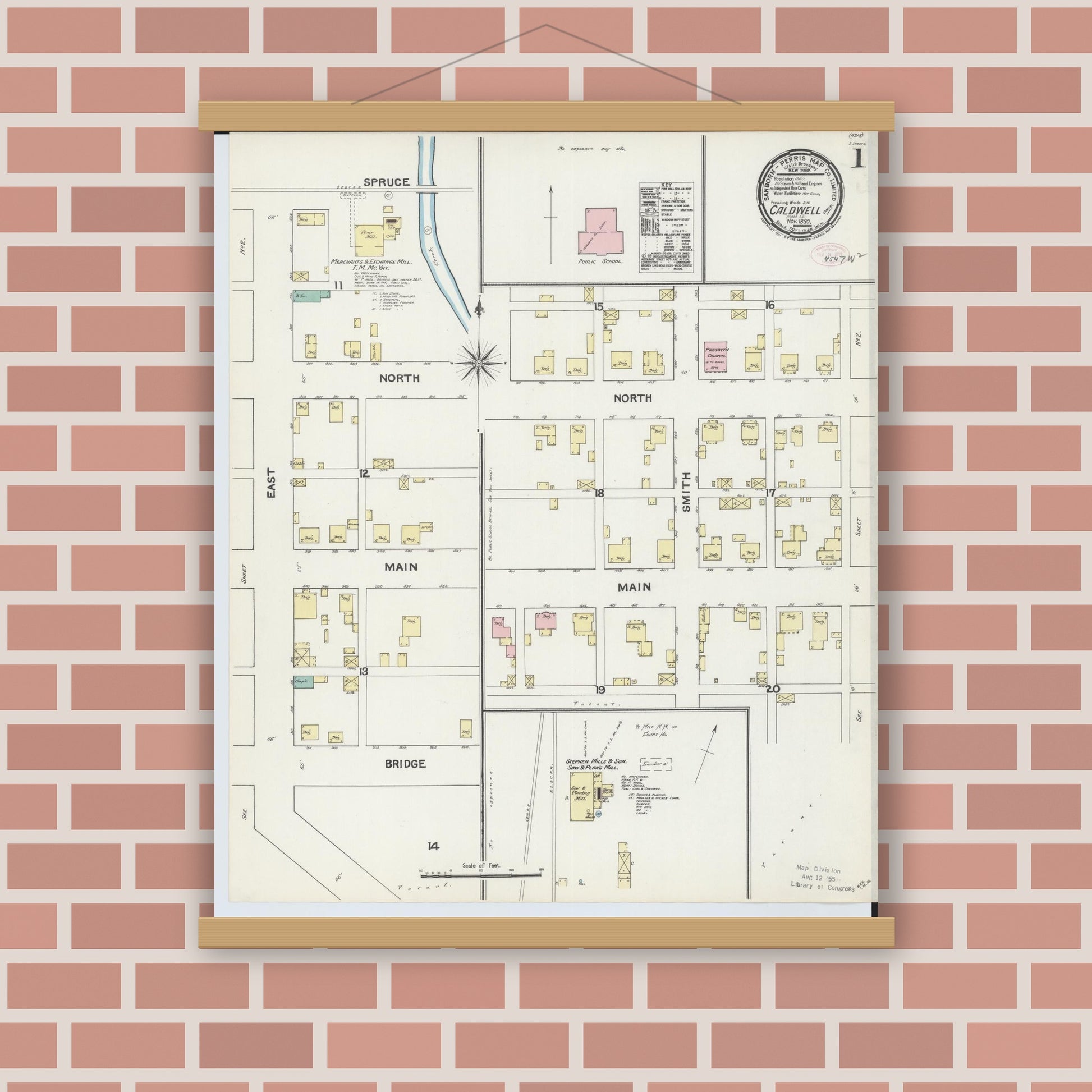 Old map wall art mockup — magnetic wood frame on brick wall — Sanborn Fire Insurance Map from Caldwell, Noble County, Ohio (1890) - Complete Map Set
