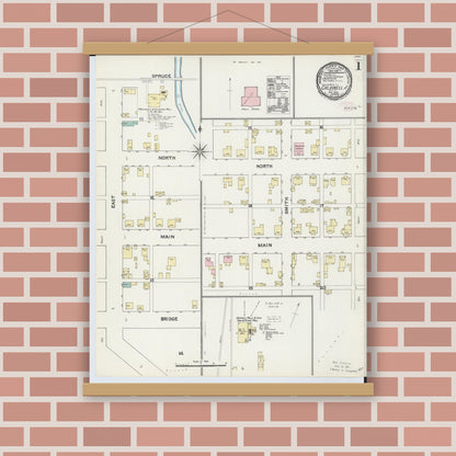 Old map wall art mockup — magnetic wood frame on brick wall — Sanborn Fire Insurance Map from Caldwell, Noble County, Ohio (1890) - Complete Map Set