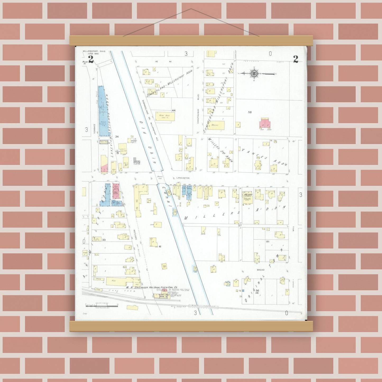 Old map wall art mockup — magnetic wood frame on brick wall — Sanborn Fire Insurance Map from Millersport, Fairfield County, Ohio (1946), Sheet #0002