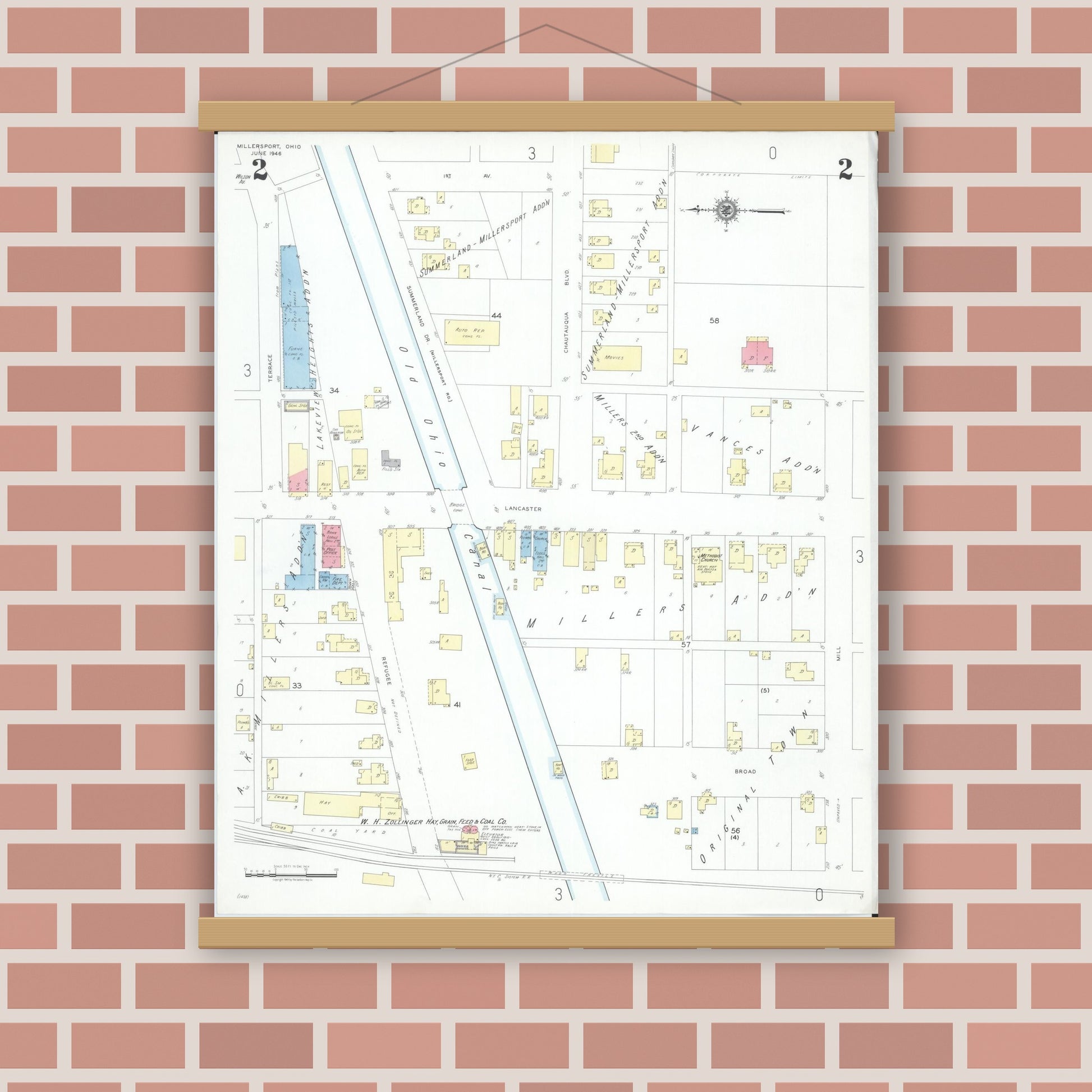 Old map wall art mockup — magnetic wood frame on brick wall — Sanborn Fire Insurance Map from Millersport, Fairfield County, Ohio (1946), Sheet #0002