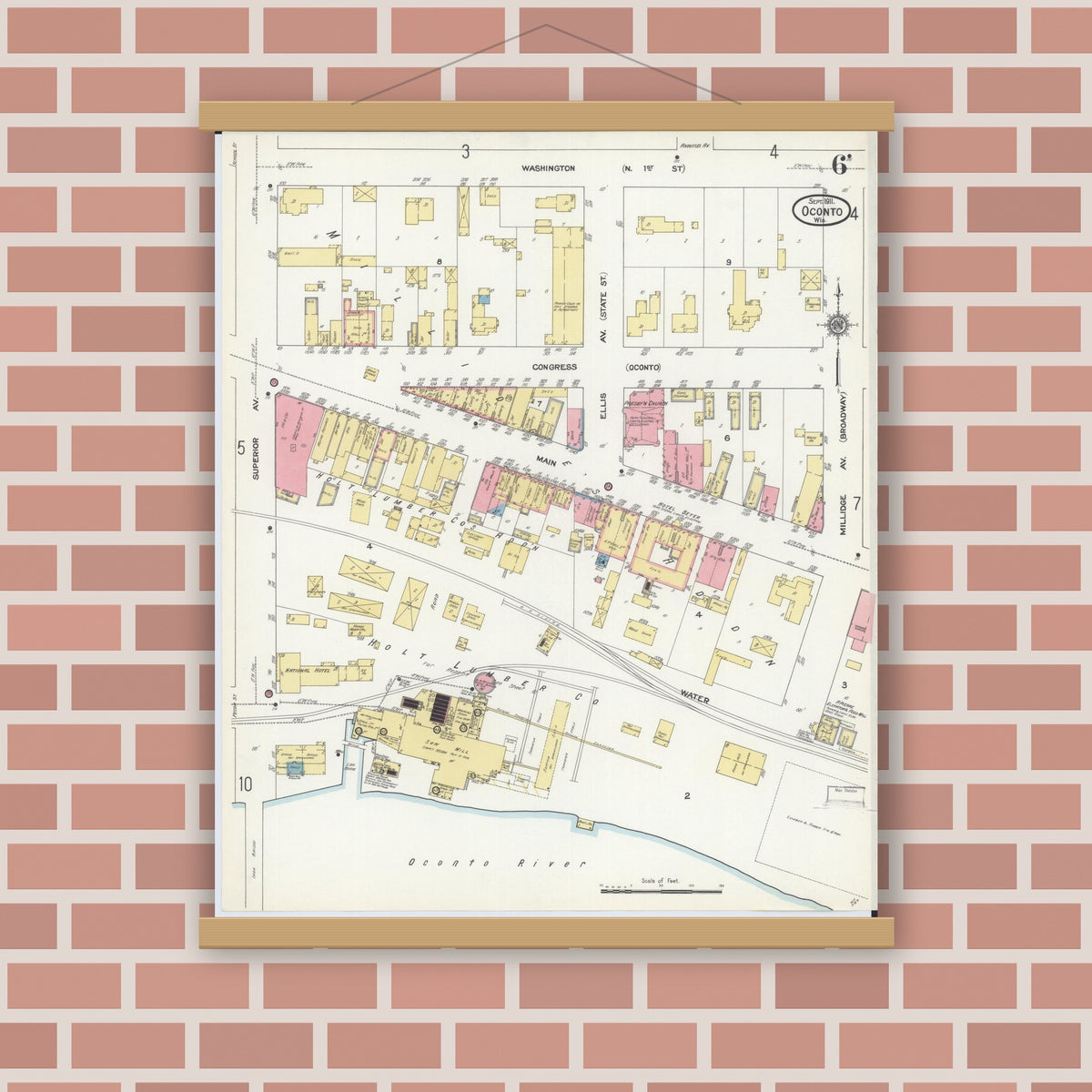 Old map wall art mockup — magnetic wood frame on brick wall — Sanborn Fire Insurance Map from Oconto, Oconto County, Wisconsin (1911), Sheet #0006