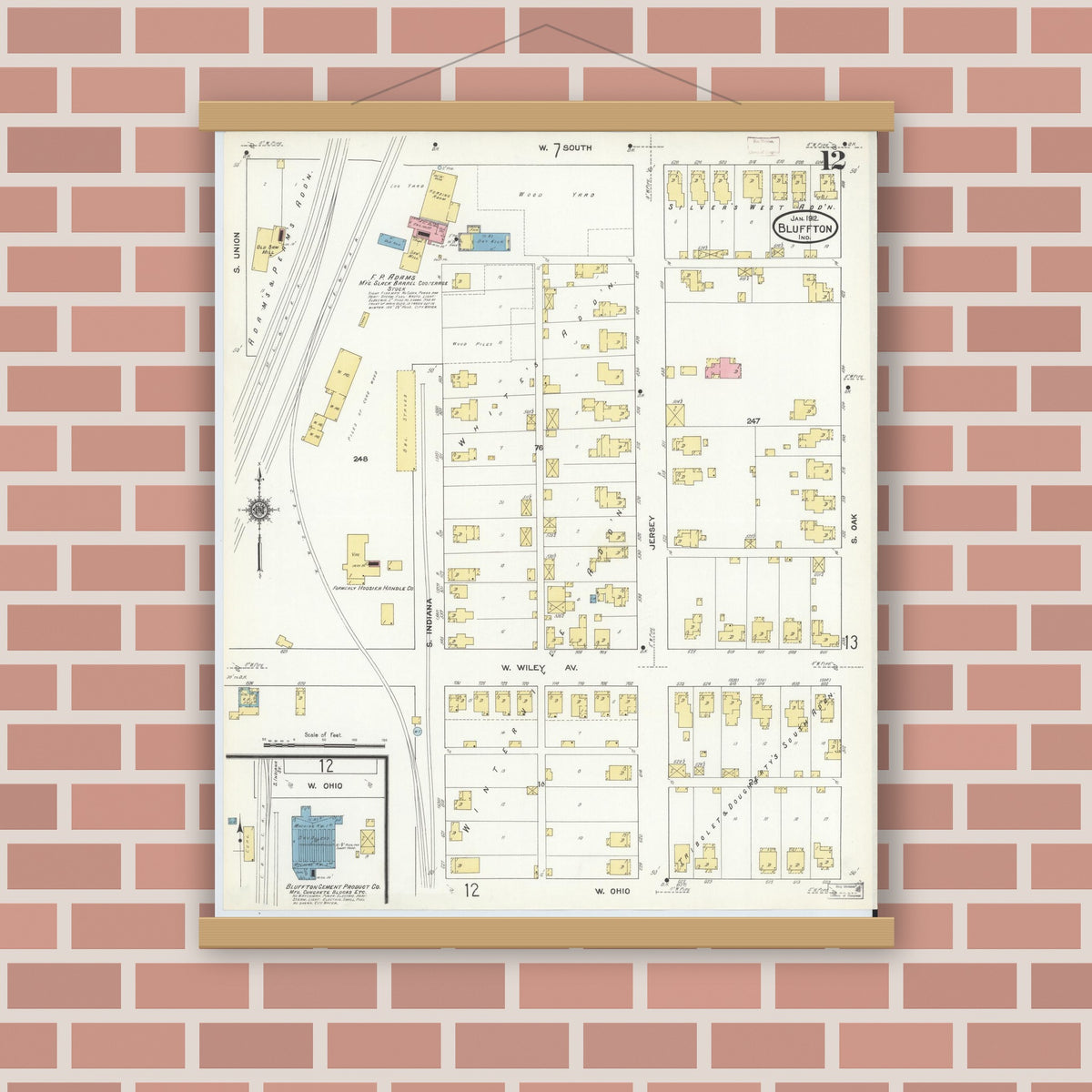 Old map wall art mockup — magnetic wood frame on brick wall — Sanborn Fire Insurance Map from Bluffton, Wells County, Indiana (1912), Sheet #0012