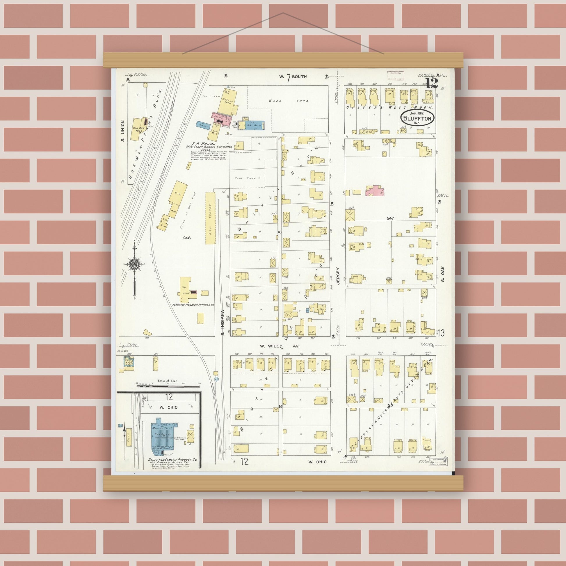 Old map wall art mockup — magnetic wood frame on brick wall — Sanborn Fire Insurance Map from Bluffton, Wells County, Indiana (1912), Sheet #0012