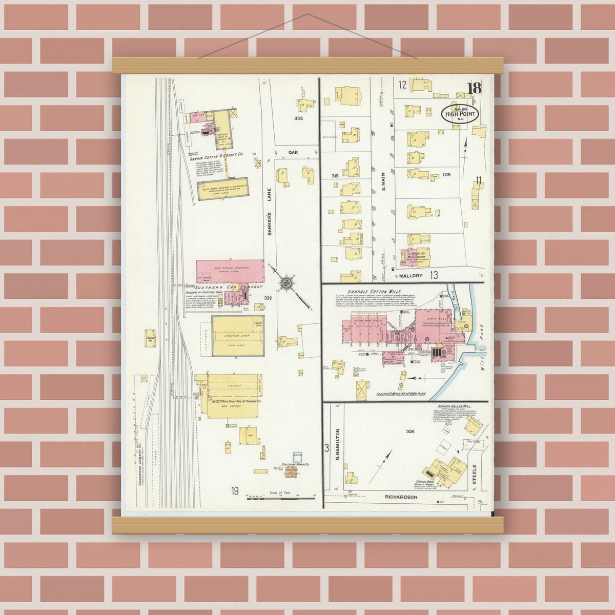 Old map wall art mockup — magnetic wood frame on brick wall — Sanborn Fire Insurance Map from High Point, Guilford County, North Carolina (1911), Sheet #0018