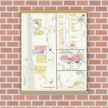 Old map wall art mockup — magnetic wood frame on brick wall — Sanborn Fire Insurance Map from High Point, Guilford County, North Carolina (1911), Sheet #0018