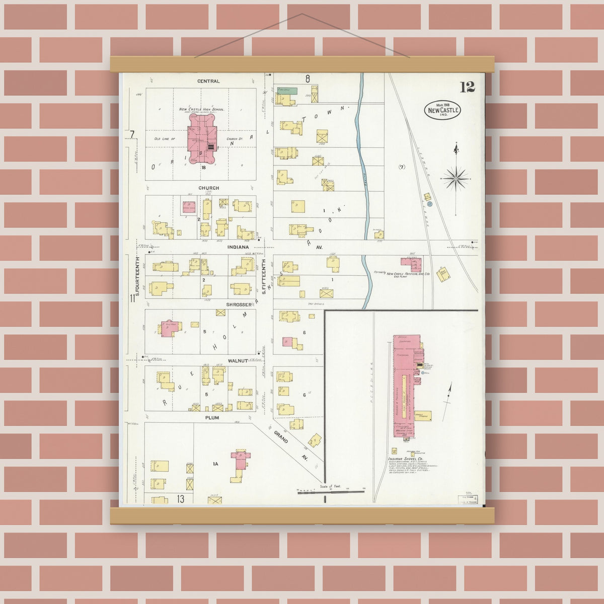 Old map wall art mockup — magnetic wood frame on brick wall — Sanborn Fire Insurance Map from New Castle, Henry County, Indiana (1908), Sheet #0012