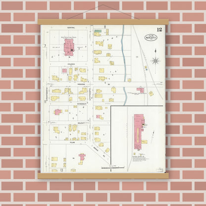 Old map wall art mockup — magnetic wood frame on brick wall — Sanborn Fire Insurance Map from New Castle, Henry County, Indiana (1908), Sheet #0012