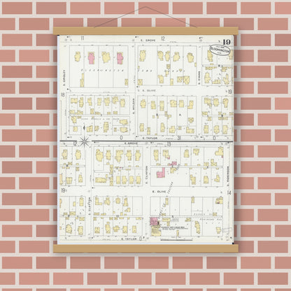 Old map wall art mockup — magnetic wood frame on brick wall — Sanborn Fire Insurance Map from Bloomington, McLean County, Illinois (1896), Sheet #0019