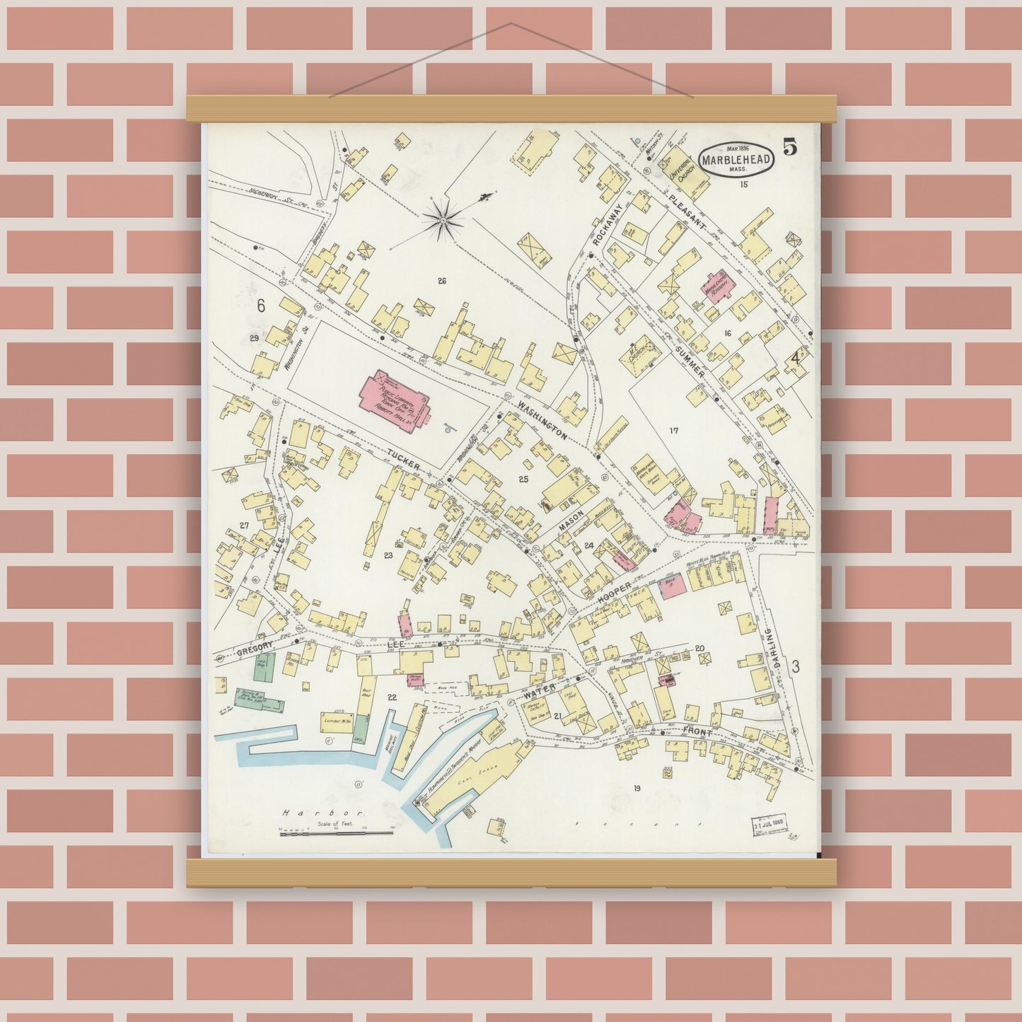 Old map wall art mockup — magnetic wood frame on brick wall — Sanborn Fire Insurance Map from Marblehead, Essex County, Massachusetts (1896), Sheet #0005