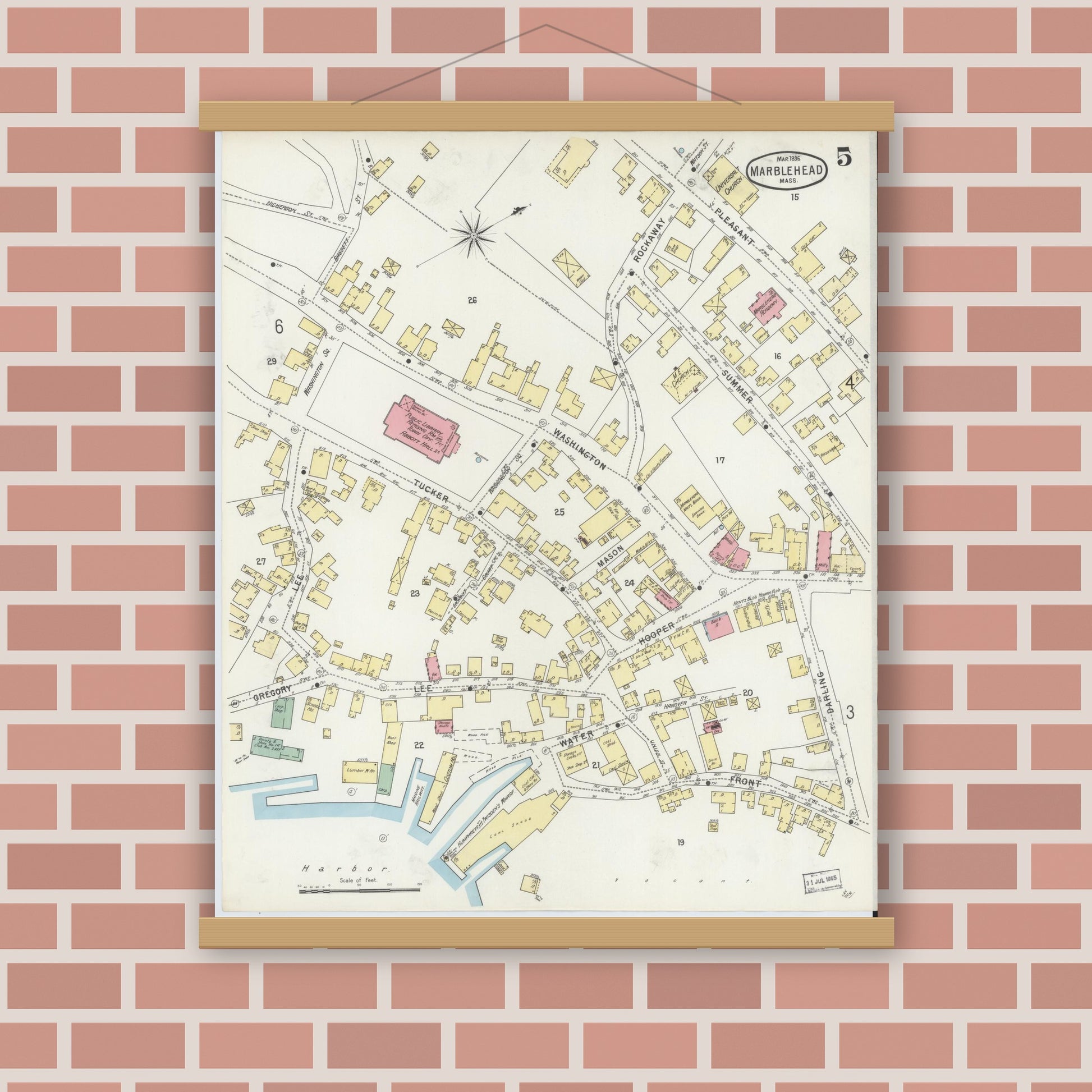 Old map wall art mockup — magnetic wood frame on brick wall — Sanborn Fire Insurance Map from Marblehead, Essex County, Massachusetts (1896), Sheet #0005