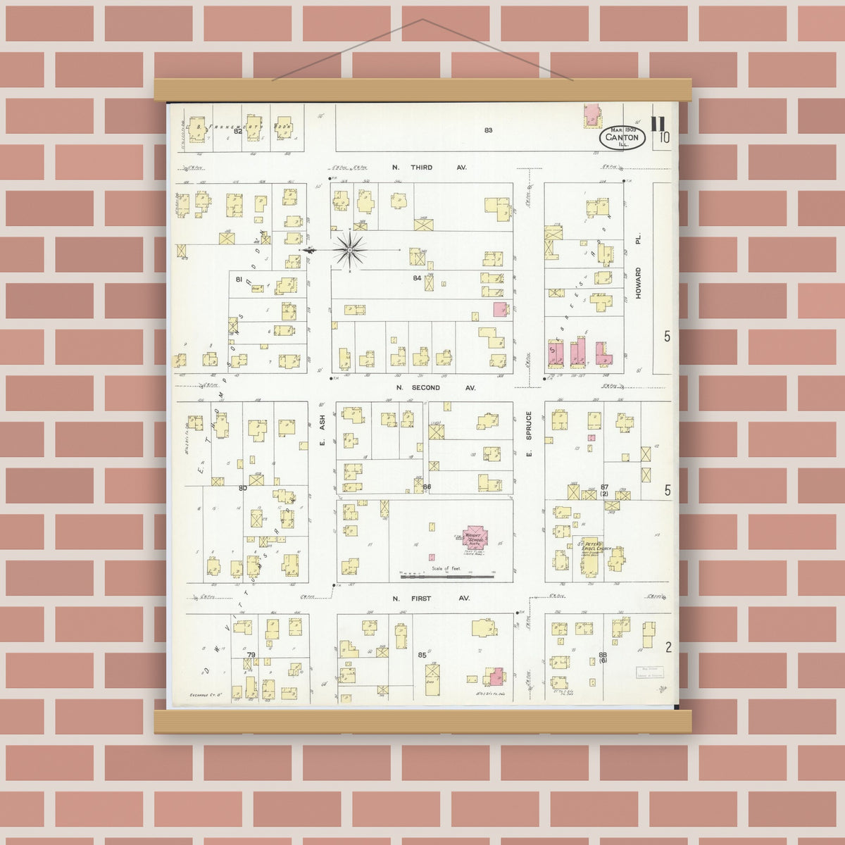 Old map wall art mockup — magnetic wood frame on brick wall — Sanborn Fire Insurance Map from Canton, Fulton County, Illinois (1909), Sheet #0011