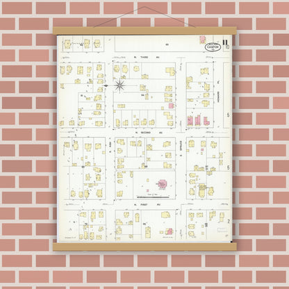 Old map wall art mockup — magnetic wood frame on brick wall — Sanborn Fire Insurance Map from Canton, Fulton County, Illinois (1909), Sheet #0011