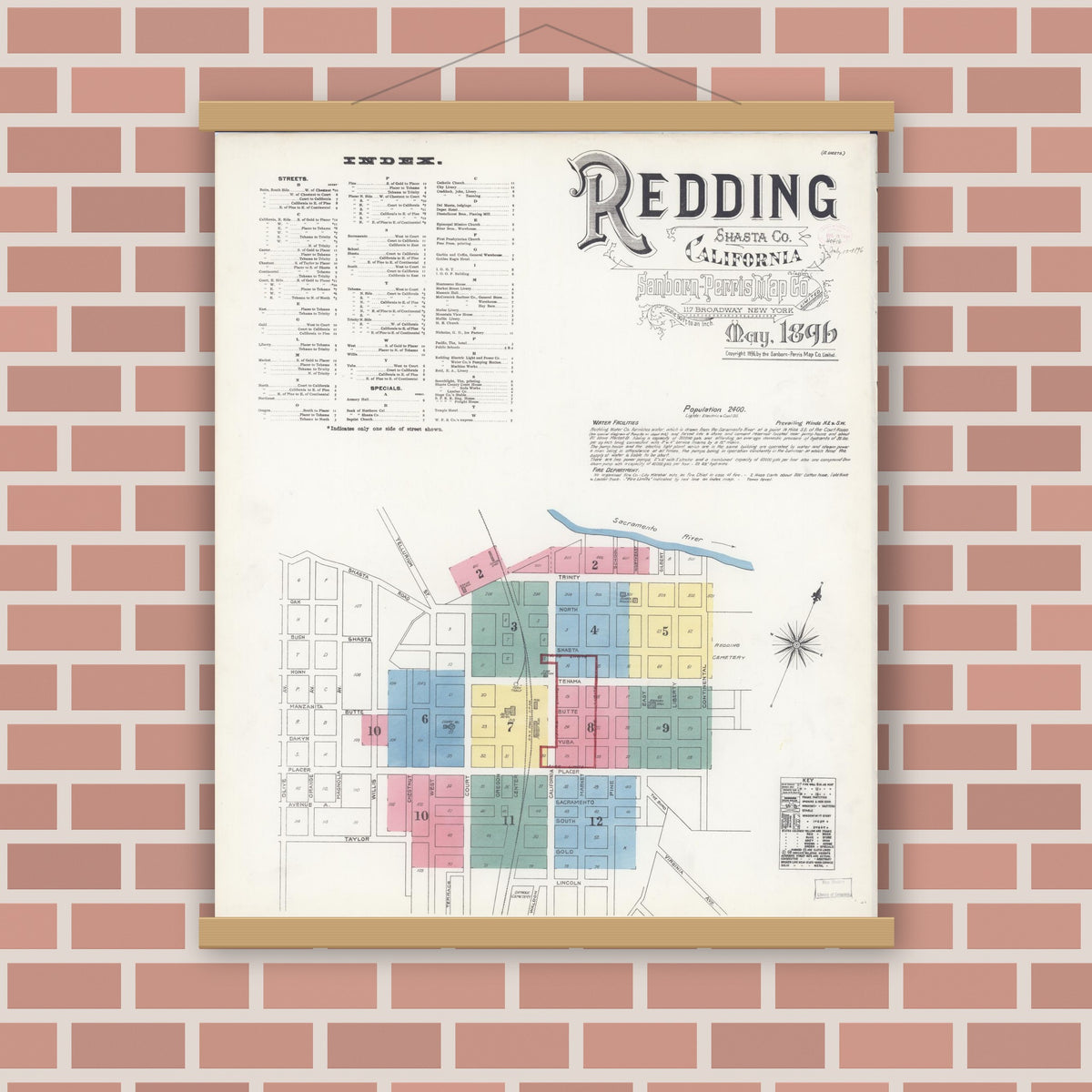 Old map wall art mockup — magnetic wood frame on brick wall — Sanborn Fire Insurance Map from Redding, Shasta County, California (1896) - Complete Map Set