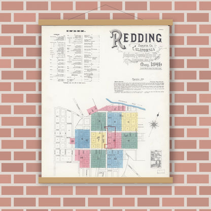 Old map wall art mockup — magnetic wood frame on brick wall — Sanborn Fire Insurance Map from Redding, Shasta County, California (1896) - Complete Map Set