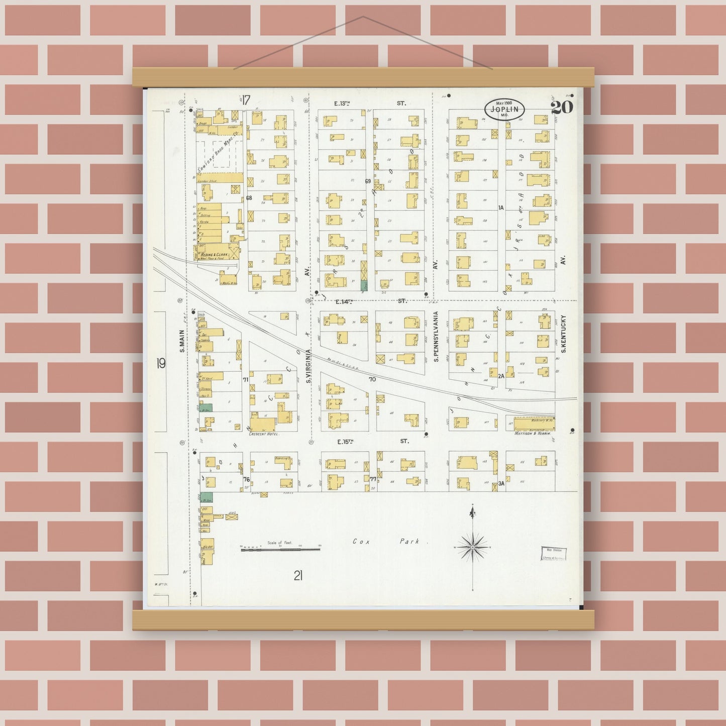 Old map wall art mockup — magnetic wood frame on brick wall — Sanborn Fire Insurance Map from Joplin, Jasper County, Missouri (1900), Sheet #0020