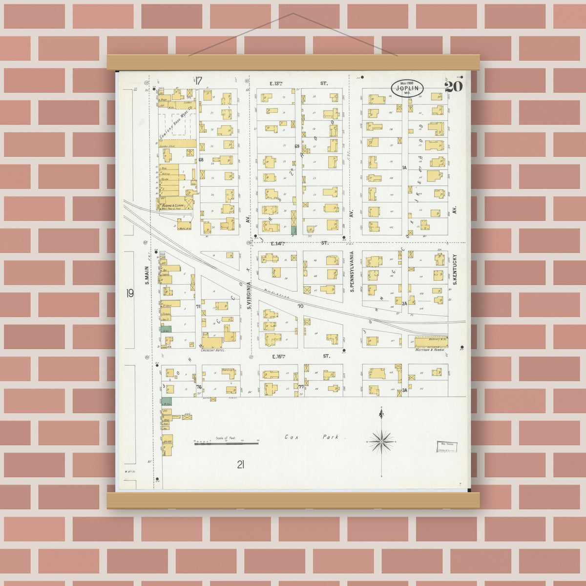 Old map wall art mockup — magnetic wood frame on brick wall — Sanborn Fire Insurance Map from Joplin, Jasper County, Missouri (1900), Sheet #0020