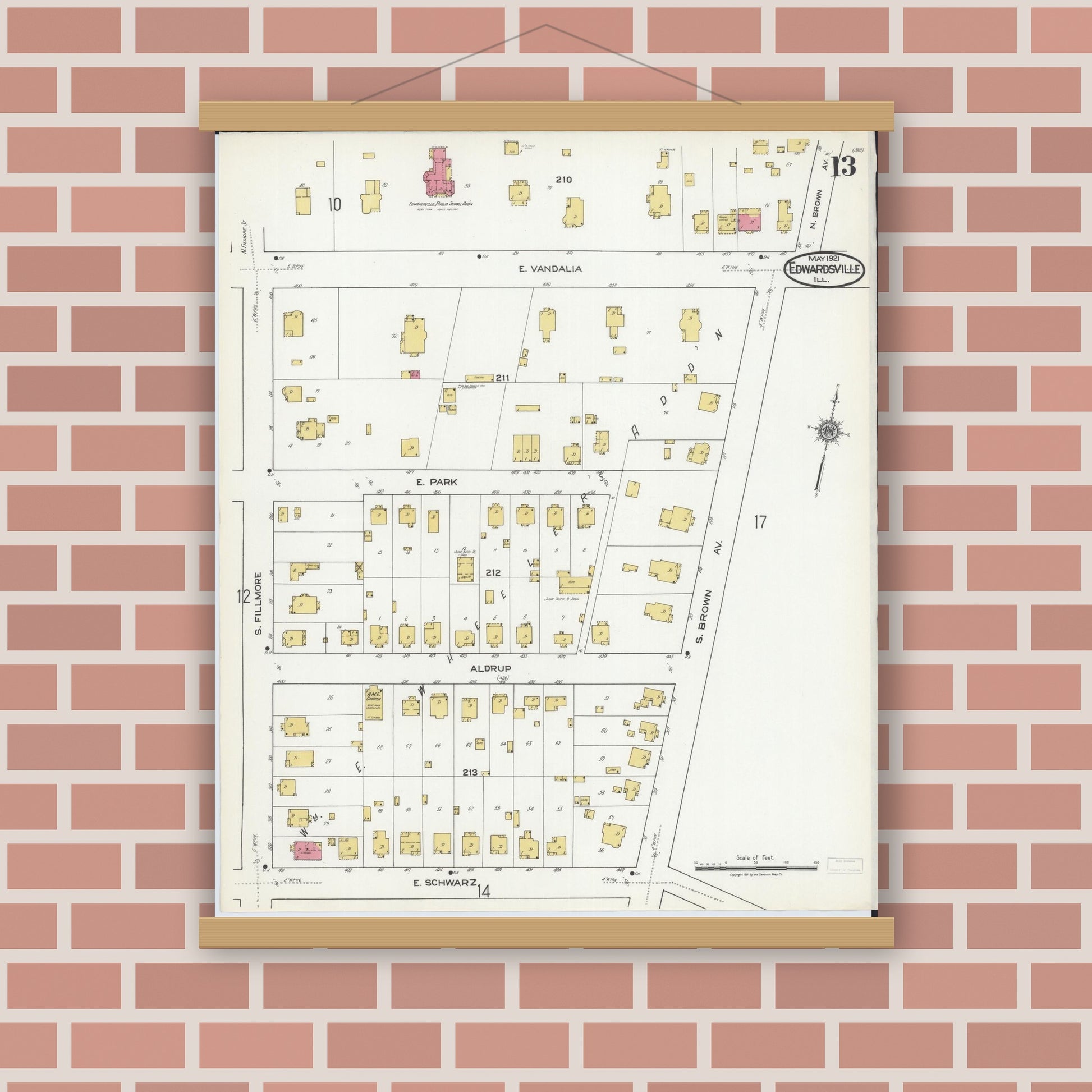 Old map wall art mockup — magnetic wood frame on brick wall — Sanborn Fire Insurance Map from Edwardsville, Madison County, Illinois (1921), Sheet #0013