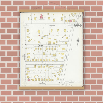 Old map wall art mockup — magnetic wood frame on brick wall — Sanborn Fire Insurance Map from Edwardsville, Madison County, Illinois (1921), Sheet #0013