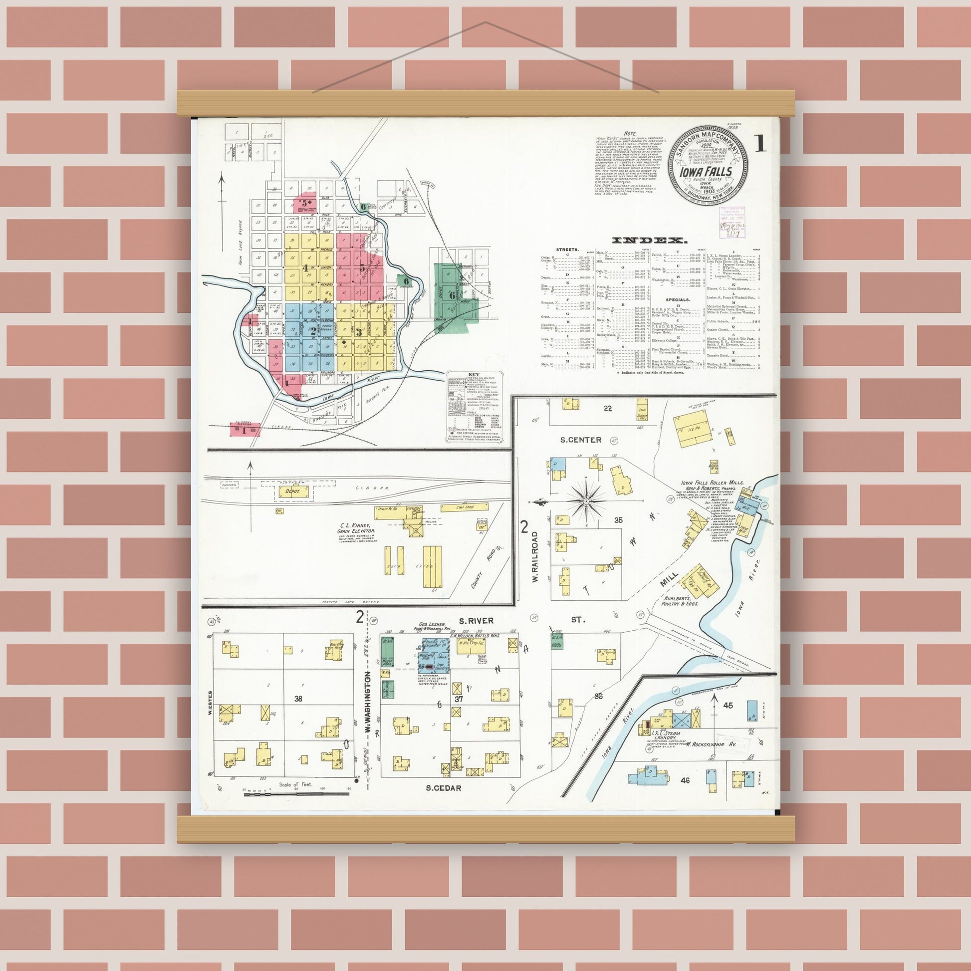 Old map wall art mockup — magnetic wood frame on brick wall — Sanborn Fire Insurance Map from Iowa Falls, Hardin County, Iowa (1902) â€” Complete Set