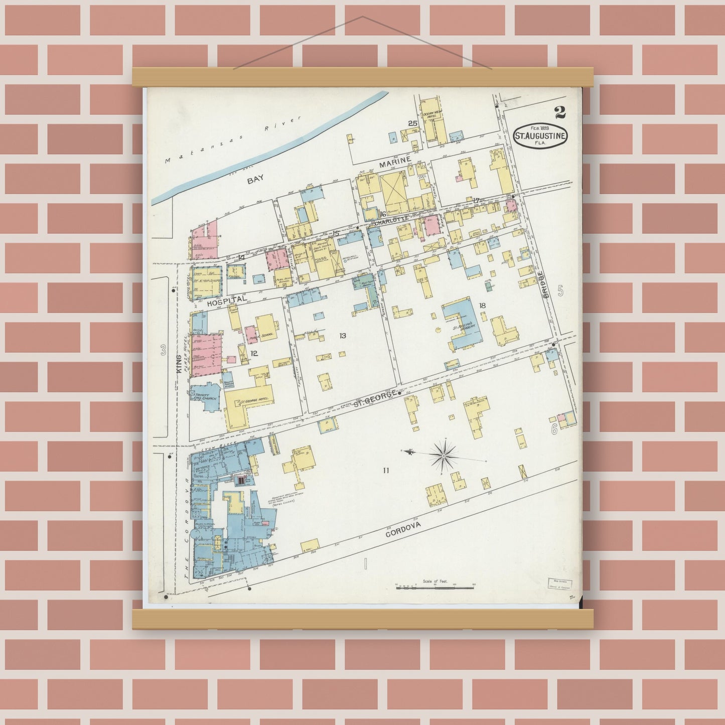 Old map wall art mockup — magnetic wood frame on brick wall — Sanborn Fire Insurance Map from Saint Augustine, Saint John's County, Florida (1893), Sheet #0002