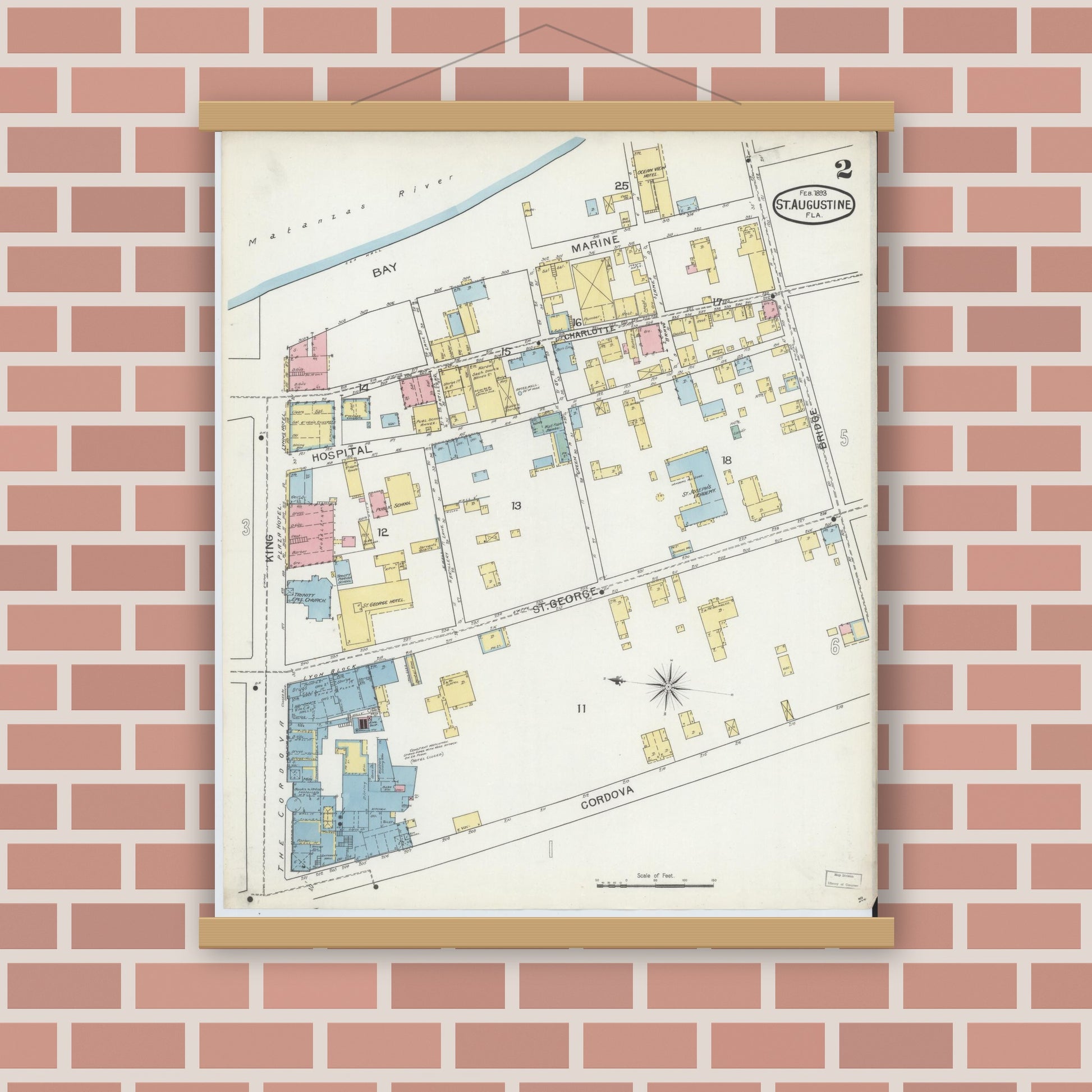 Old map wall art mockup — magnetic wood frame on brick wall — Sanborn Fire Insurance Map from Saint Augustine, Saint John's County, Florida (1893), Sheet #0002