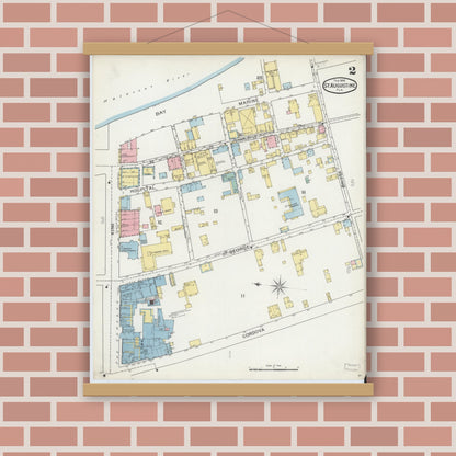 Old map wall art mockup — magnetic wood frame on brick wall — Sanborn Fire Insurance Map from Saint Augustine, Saint John's County, Florida (1893), Sheet #0002