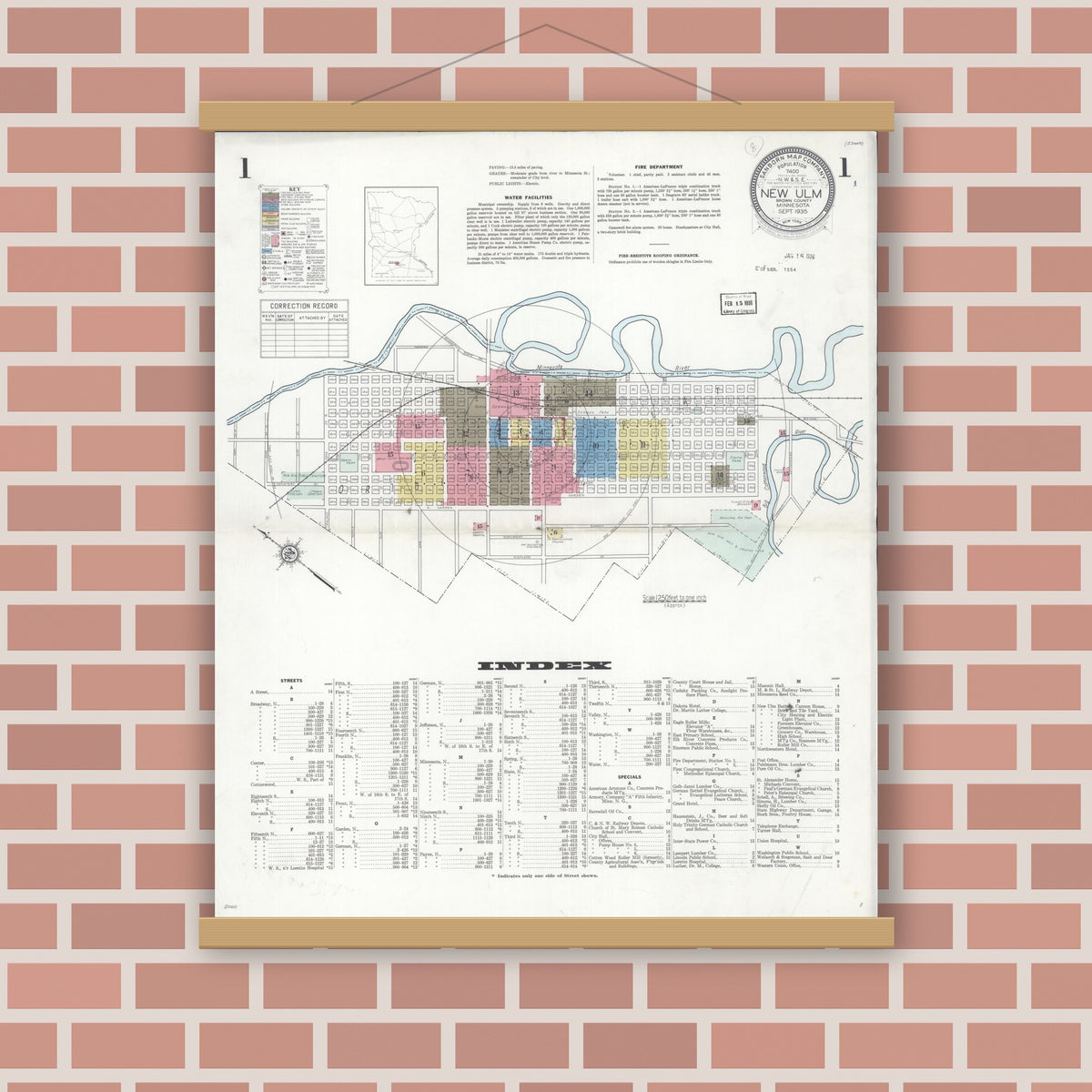 Old map wall art mockup — magnetic wood frame on brick wall — Sanborn Fire Insurance Map from New Ulm, Brown County, Minnesota (1935) - Complete Map Set