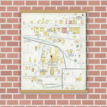 Old map wall art mockup — magnetic wood frame on brick wall — Sanborn Fire Insurance Map from Tidioute, Warren County, Pennsylvania (1900), Sheet #0003